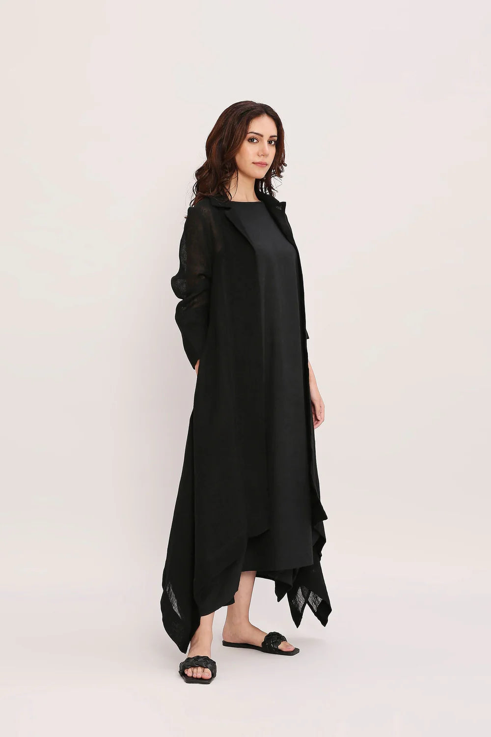 Black Vari & Linen Trench Koza Jacket Co-Ord Set (2 PCS)